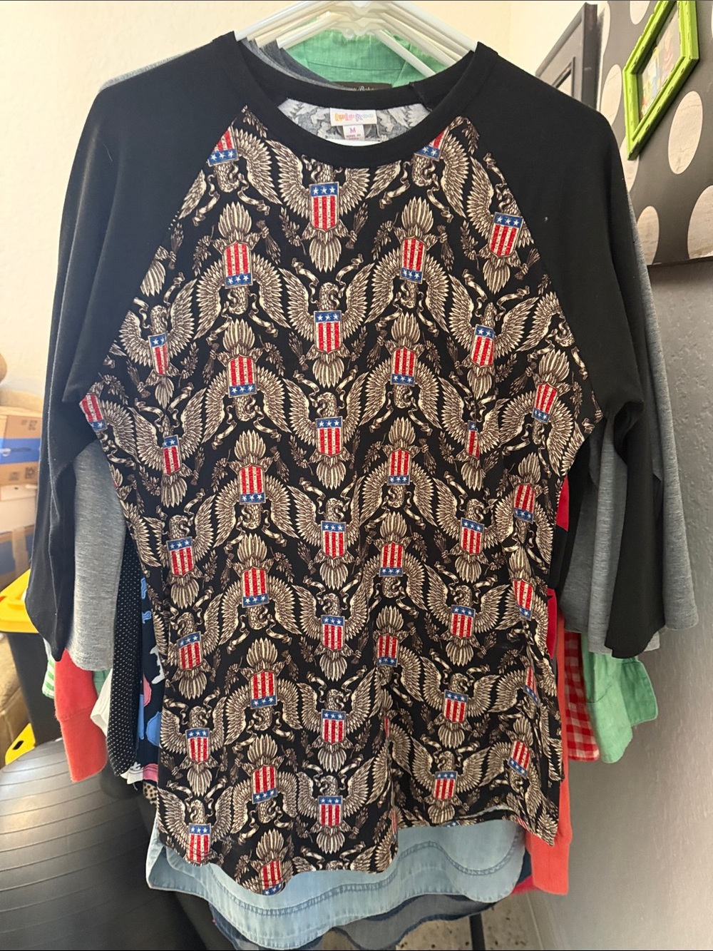 LuLaRoe Black Tee with Multicolor Logo and Patriotic Eagle Print